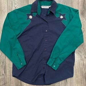 Vintage Adobe Rose Button Down Shirt Large Western Star Sherif Green Blue Rodeo